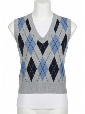Haute Monde Gray, Blue & Black Argyle V-Neck Sweater Vest cropped sz Large